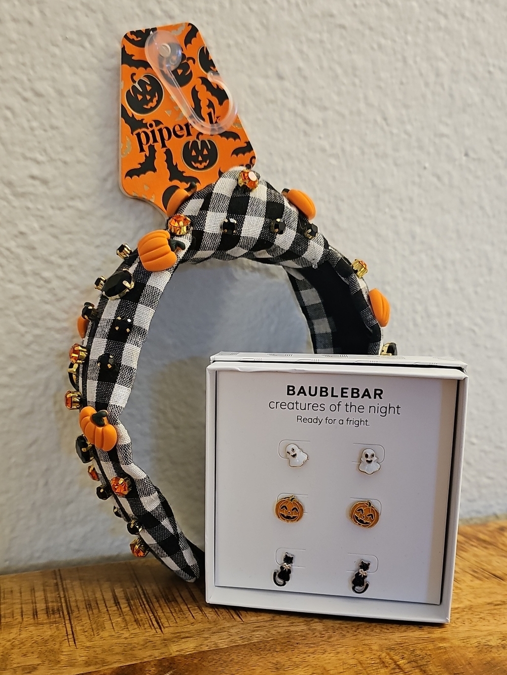 NWT Halloween Boutique Set Piper K Gingham Headband BaubleBar Stud Earrings Set